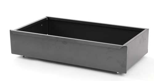 White sliding drawer for storage under gondola base shelf, dimensions 900mm x 450mm. Ideal for retail shelving.