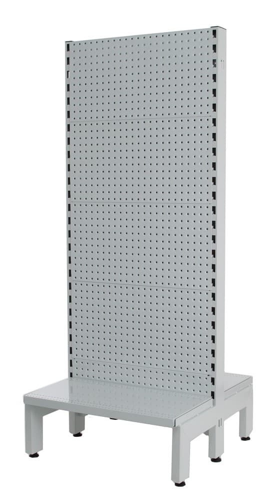 White double-sided 600mm narrow aisle gondola with 300mm base shelf and 1500mm add-on bay, retail shelving unit