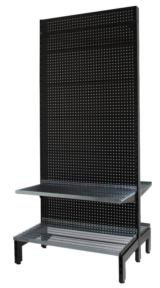 Double-sided black wire gondola shelving unit with add-on bay and 1500mm base shelf for retail display solutions.