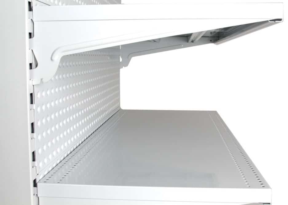 White single-sided 600mm wide medium duty gondola with 450mm base shelf, add-on bay, ideal for retail displays.