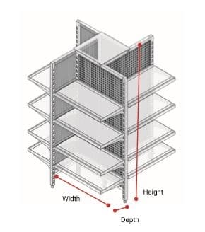 4-way gondola shelving stand in hammertone finish, ideal for retail displays and storage, durable and versatile design.