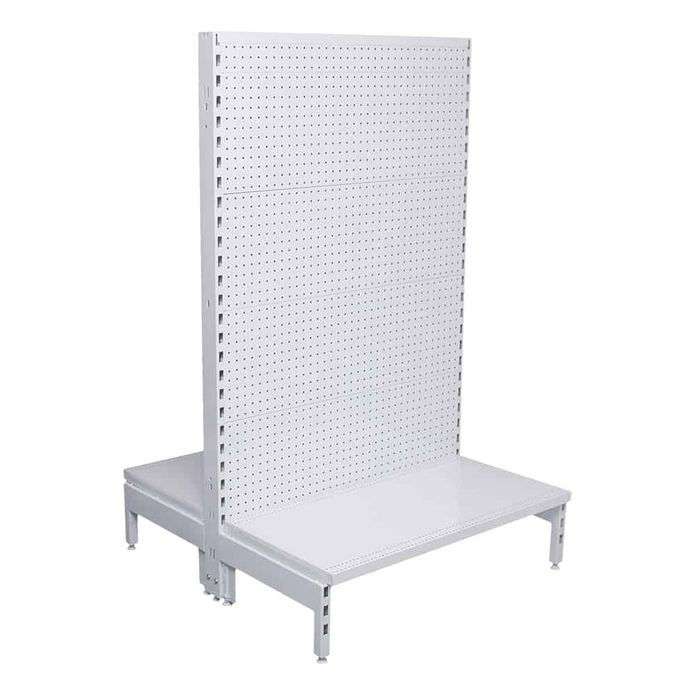 Double-sided wire gondola starter bay with 2100mm base shelf, white, ideal for retail display in Australian stores.