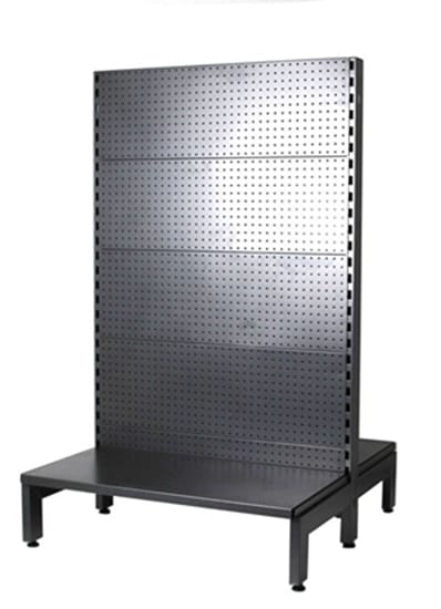 Black double-sided shelving unit, 1500mm high, 930mm wide, with 350mm shelf widths, ideal for retail or office storage.