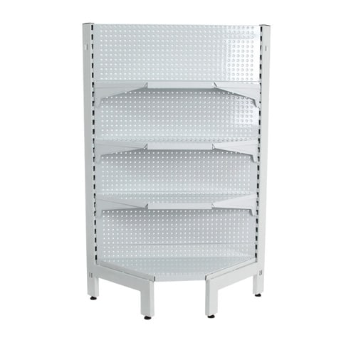 Durable metal corner shelving unit for storage, perfect for warehouses or garages, maximising space efficiently.