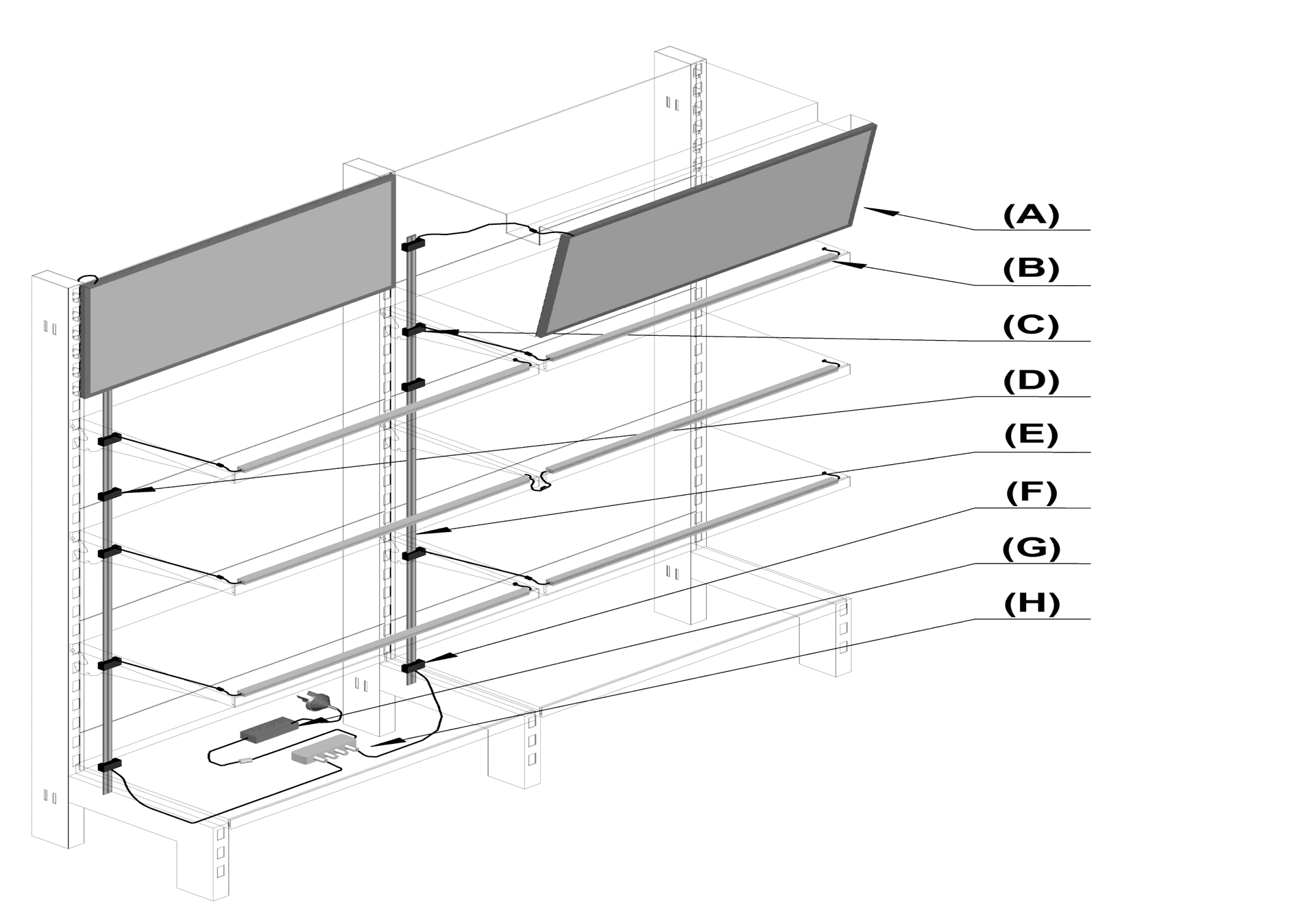 Magnetic LED connector with wires, compact design, used for efficient lighting solutions in shelving systems.