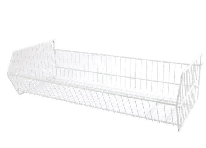 White folding wire basket with brackets, ideal for storage and organisation. Size 600x300mm. Durable and versatile.