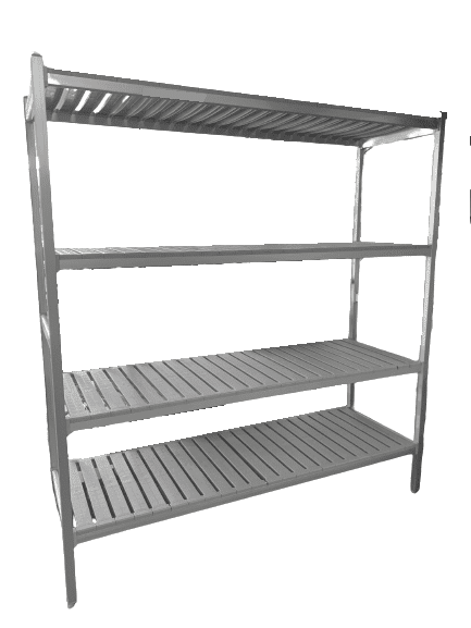 Durable cool room shelving unit for storage in commercial or industrial settings with adjustable metal shelves.