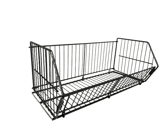 Folding wire basket with brackets in hammertone finish, ideal for storage; measures 600x300mm, sturdy and versatile.