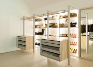 LED lighting system on stylish industrial shelving, ideal for Australian storage solutions and warehouse display.