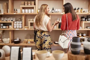 Two female friends shopping in an independent beauty store, browsing cosmetics and skincare products with smiles.